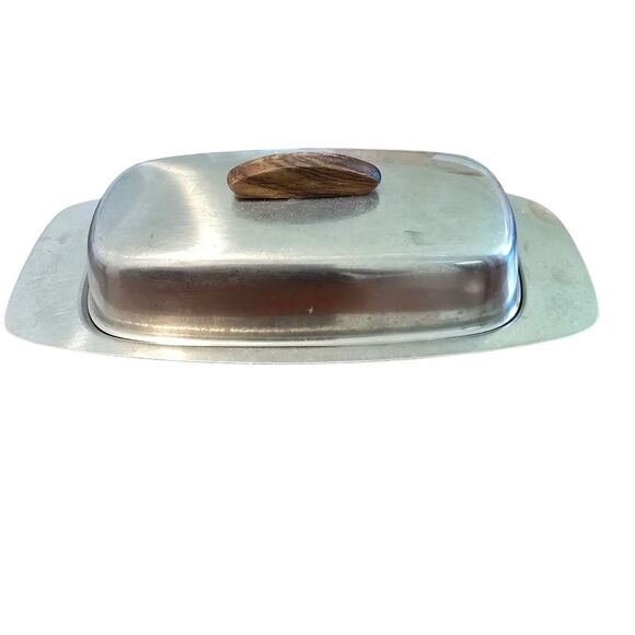 Vintage Stainless Silver Butter Dish with Wooden Handle - Picture 1 of 9